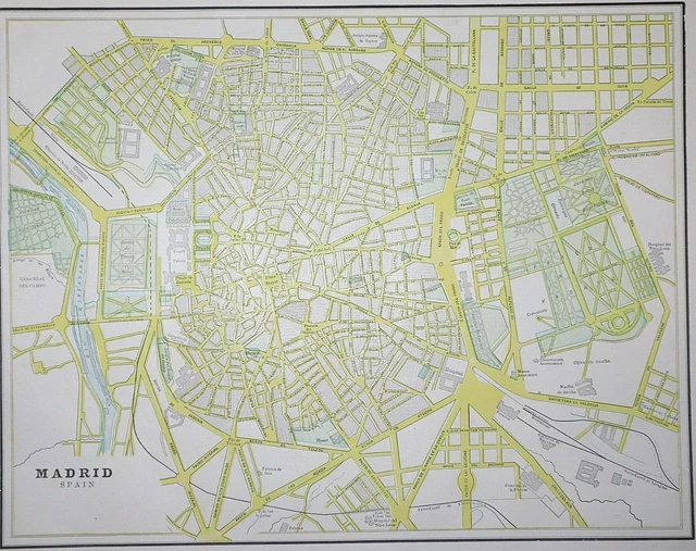 Old 1899 Cram's Atlas Map ~ MADRID, SPAIN ~ Free S&H