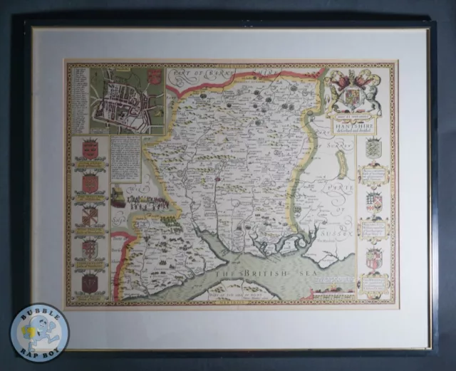 Large Framed Old Map Of Hampshire, 1611 By John Speed - Winchester, Portsmouth