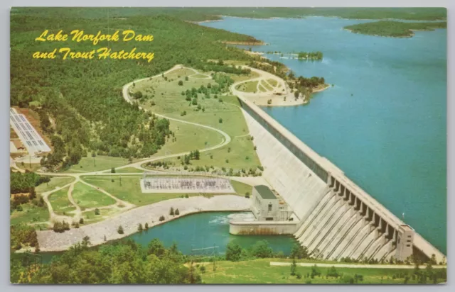 State View~Arkansas~Aerial Lake Norfork Dam & Trout Hatchery~Vintage Postcard