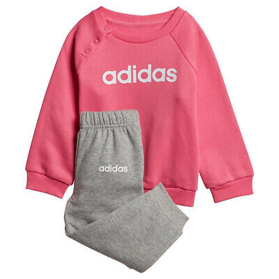 adidas Infants Tracksuit Linear Fleece Jog Set Pink Grey Girls Sports DV1287