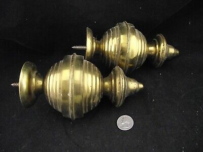 Pair Victorian Drapery Curtain Rod Pole Brass Plated End  Caps Finials  7" Long