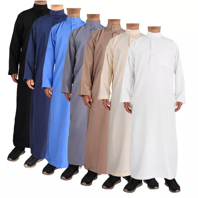 Men's Saudi Arabic Thobe Jubba Dishdasha Long Sleeve Robe Ramadan Muslim Dress