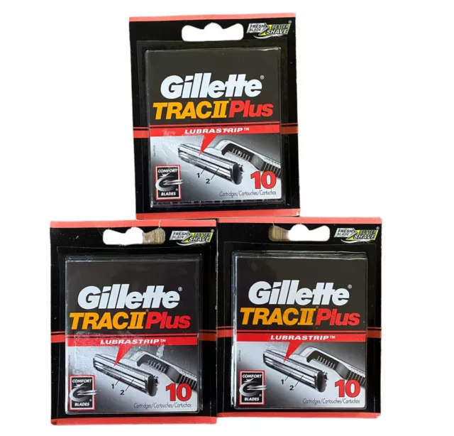 (3) Cartuchos de recarga de hoja de afeitar Gillette TRAC II Plus - 10 por paquete (sellados)