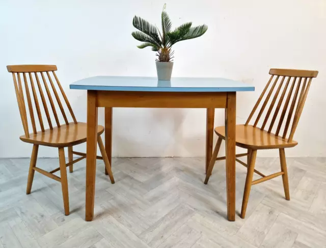 Guildform Vintage Mid Century 1960s Beech & Sky Blue Formica Dining Table Chairs