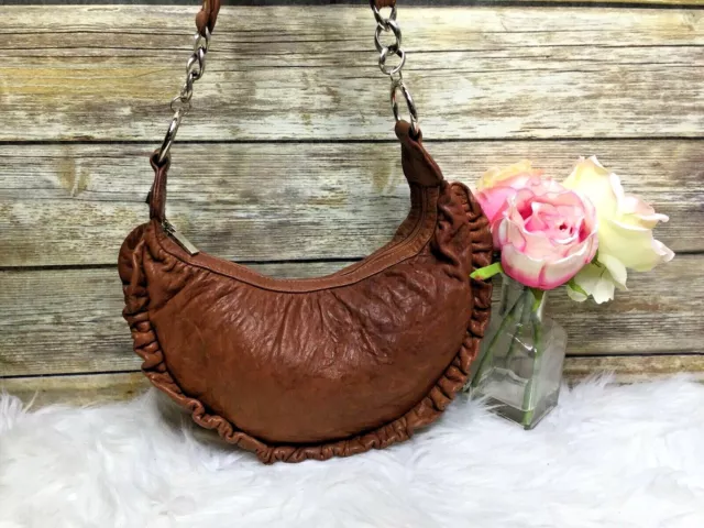 Treesje Brown Pebbled Ruffle Trim Leather Small Hobo Purse Shoulder Bag