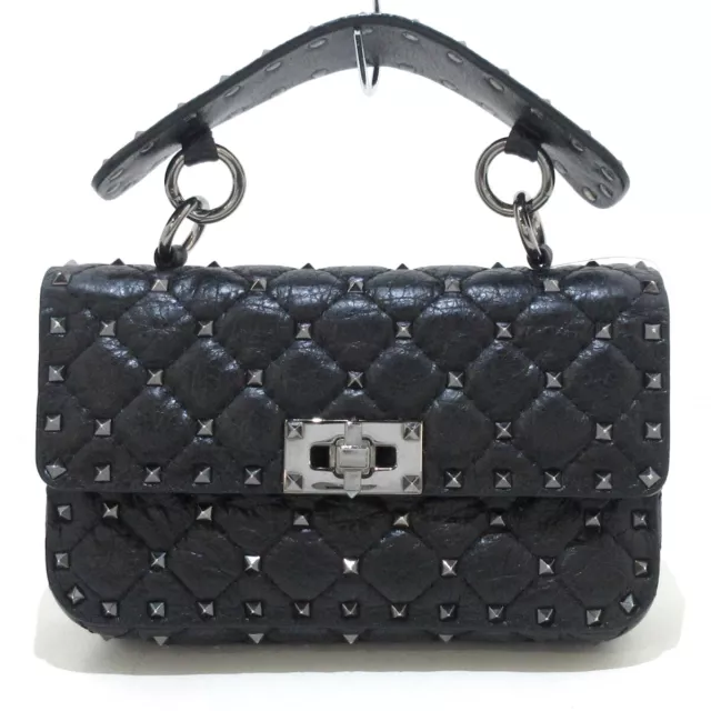 Auth VALENTINOGARAVANI Rockstud Spike Small Bag - Black Leather Handbag