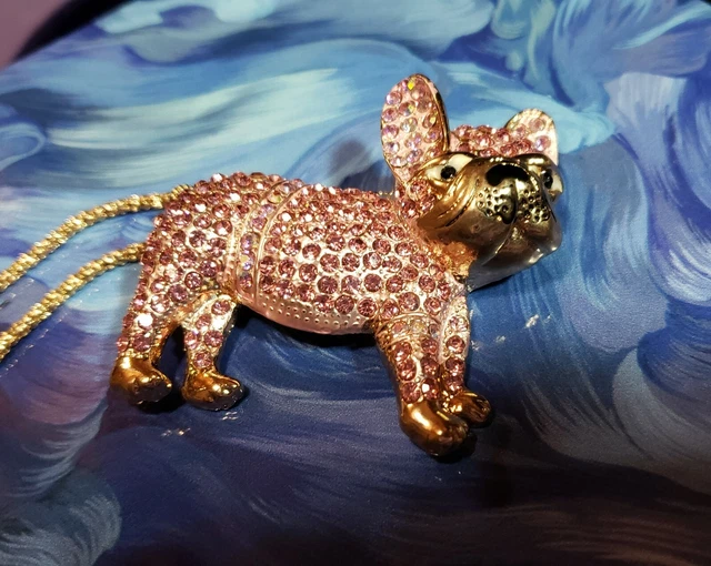 Betsey Johnson French Bull Dog Pendant Necklace Pink Pave Crystal Rhinestone