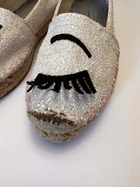 Chiara Ferragni White Glitter Wink Eye Slip On Espadrilles Sz 38 US 8 Dust Bags 3