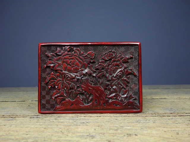 Chinese Vintage Lacquerware Exquisite Peony Flower Jewelry Box Collection Art