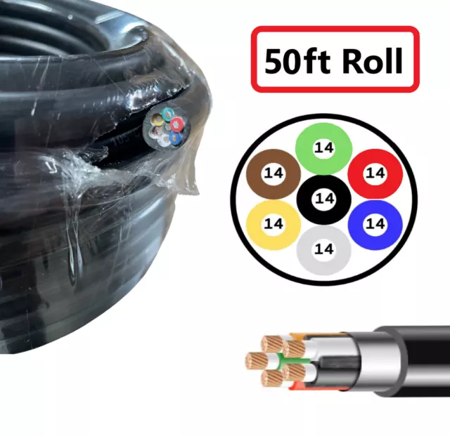 50 Foot Heavy Duty 14 Gauge 7 Way Conductor Wire RV Trailer Black Cord Insulated