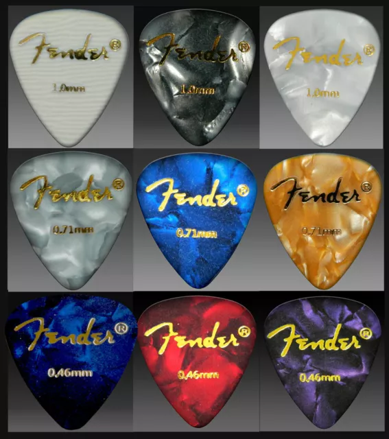 9 FENDER GUITAR PICKS Plectrums Mix Colors  (medium/thin/heavy) SALE !!