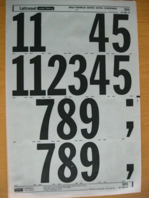 .1 x Letraset Numbers FRANKLIN GOTHIC EXTRA CONDENSED 288pt 76.2mm Sheet 323(kg)
