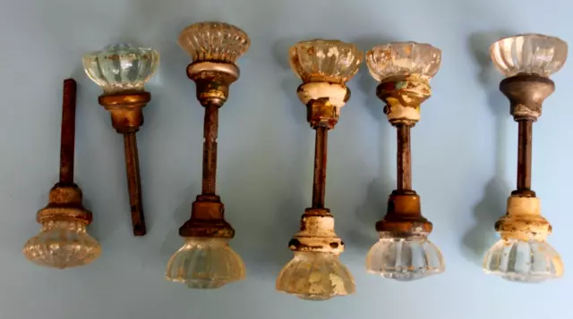 Vintage Lot of 12 Salvaged Hardware Crystal Clear Glass Door Knobs w/ 6 Spindles