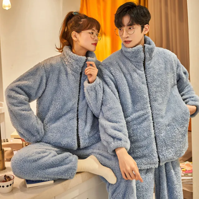 Couple Unisex Sleepwear Warm Winter Fleece Top+Pants Suit Nightwear Pyjamas  Set