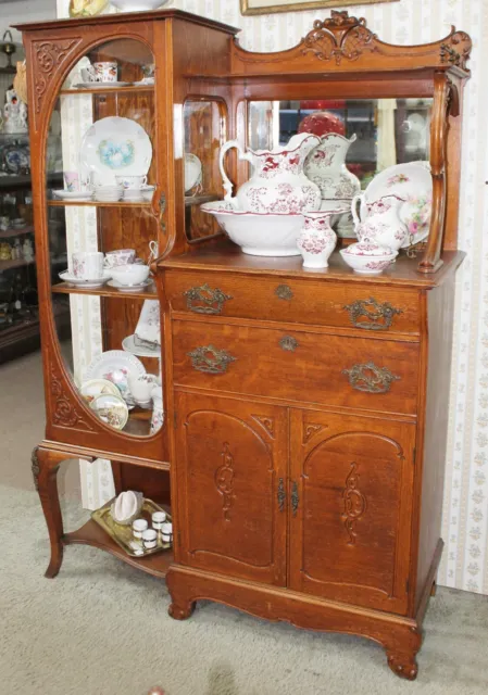 Old Antique Victorian OAK Ornate Side by Side CHINA BUFFET CABINET