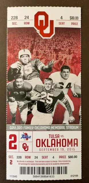 Oklahoma Sooners 9/19/2015 NCAA football ticket stub vs Tulsa Golden Hurricane