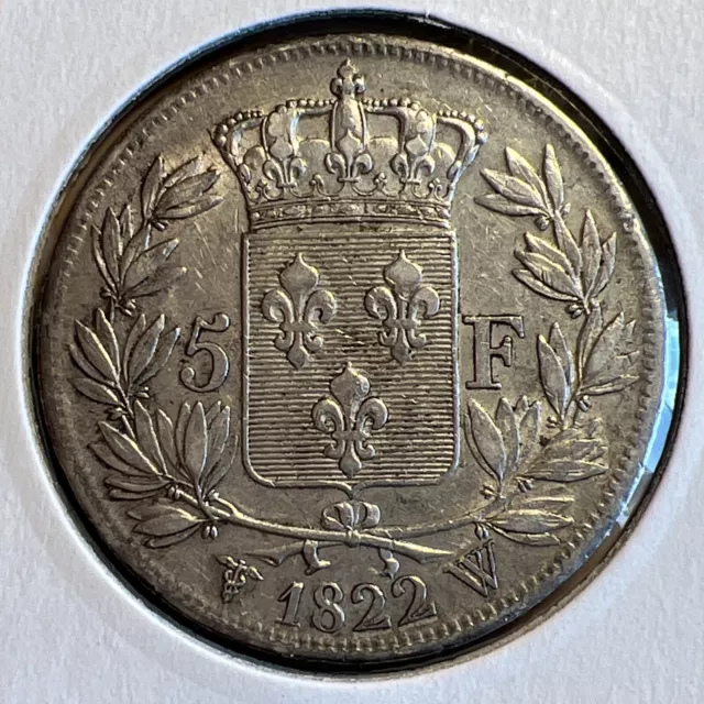 1822-W France Louis XVIII 5 Francs Coin (5 Fr) - Rare!