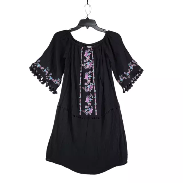 Love Fire Off Shoulder Embroidered Dress Womens Tasseled 3/4 Sleeve Black Size M