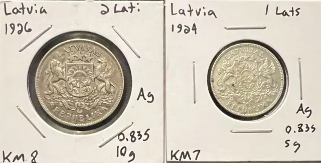 Latvia Silver 2 Coin Lot. 1926 2 Lati. 1924 1 Lats. 0.835. 10 Grams Total.