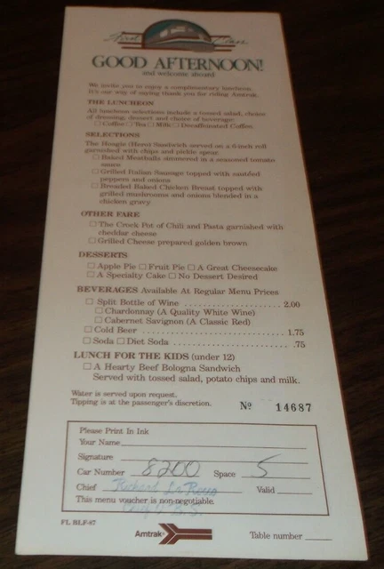 1987 Amtrak First Class Dining Car Luncheon Menu