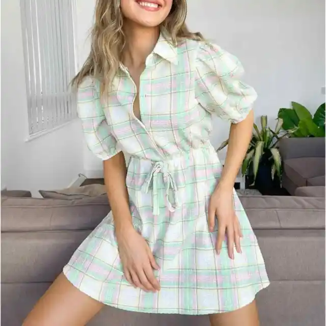 ASOS Mini Shirt Dress Puff Sleeves Pastel Plaid Size 6 NWOT $50 MSRP