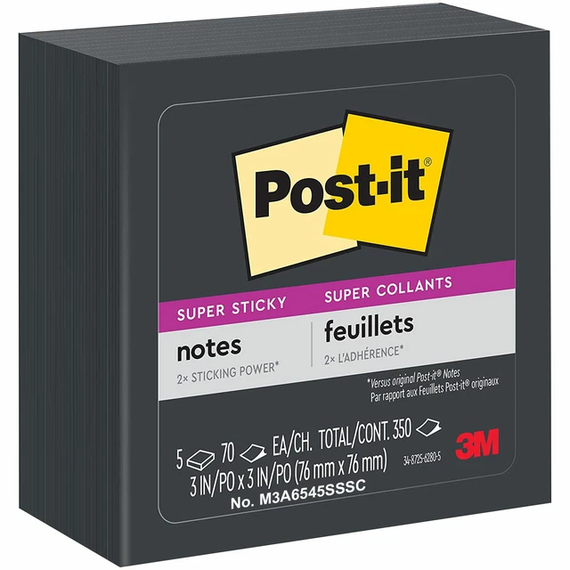 POSTIT 6545SSSC SUPER Sticky Notes, Black, 3 x 3", Pack of 5 Pads 12