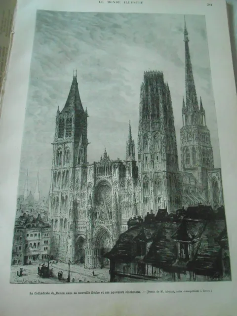 Gravure 1880 - La cathédrale de Rouen avec sa nouvelle flèche et clochetons