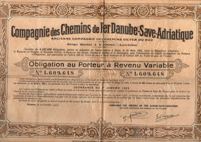 Obligation Compagnie des Chemins de Fer Danube-Save-Adriatique 1923 avec coupons