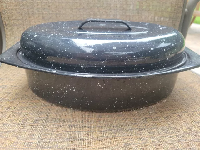 Cookware Vintage Black Speckled Oval Roasting Pan Enamelware  16.5x12.25x7.5