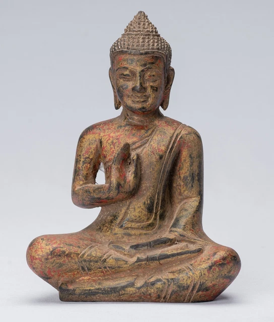 Buddha - Antique Khmer Style Seated Wood Buddha Statue Teaching Mudra - 20cm/8"