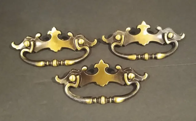 3 Vintage Solid Brass 1968 Canada Chippendale Style Bail Drawer Pulls 3" Center