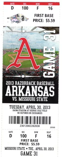Arkansas Razorbacks Baseball Ticket Stub Missouri State 4/30/2013 Baum Stadium