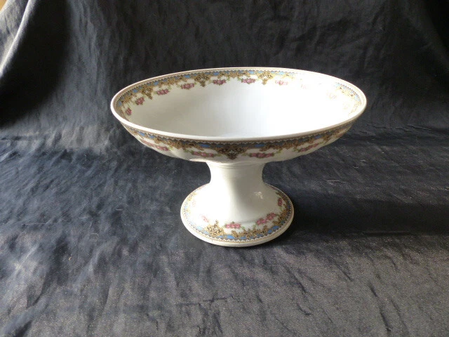Compotier Ancien En Porcelaine, Motif Fleurs Roses Sur Pied, Vintage