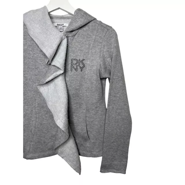 DKNY Jacket Girls Large Gray Hoodie Zip Ruffle Solid Logo Long Sleeve Fleece 3