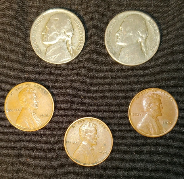 Unique Coin Collection Lot with 2 Wartime Silver Nickles and 3 Wheat Pennies
