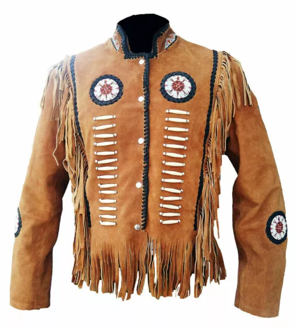 Men's Native American Western Wear Suede Leather Jacket Fringes & Beaded Coat