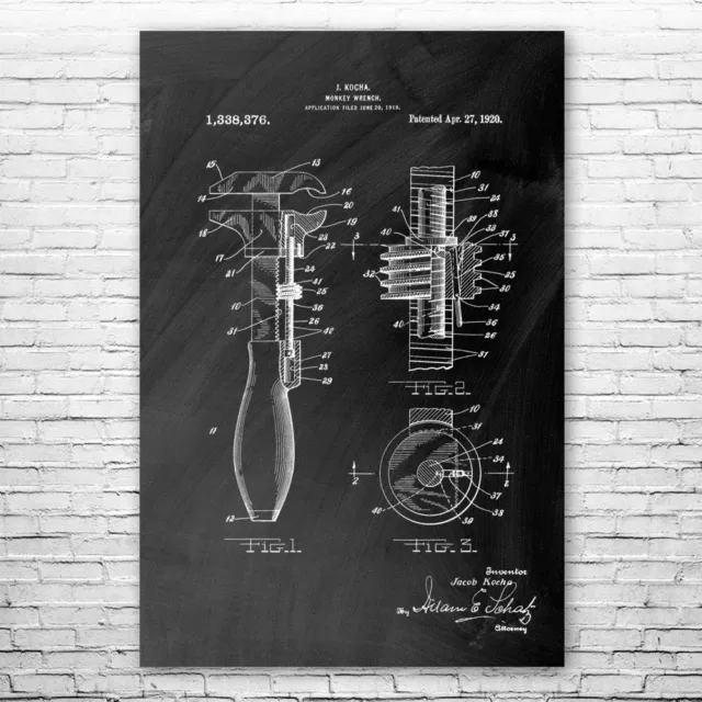 Monkey Wrench Patent Poster Print 12 SIZES Mechanic Gifts Plumbing Art