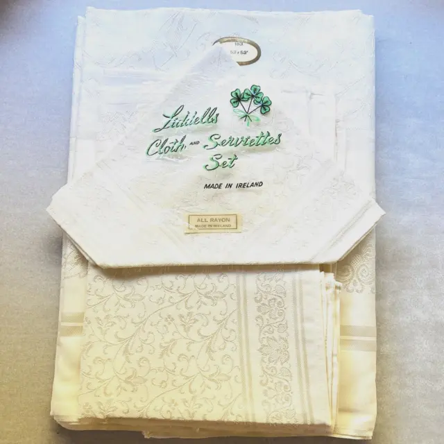 Vintage 1950s Liddells Damask Tablecloth and Napkins, Irish Linen 132cm