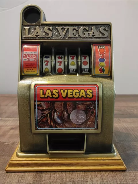 Vintage 13 " Las Vegas Nevada Metal Slot Machine/ Bank With Oak Base ** Works