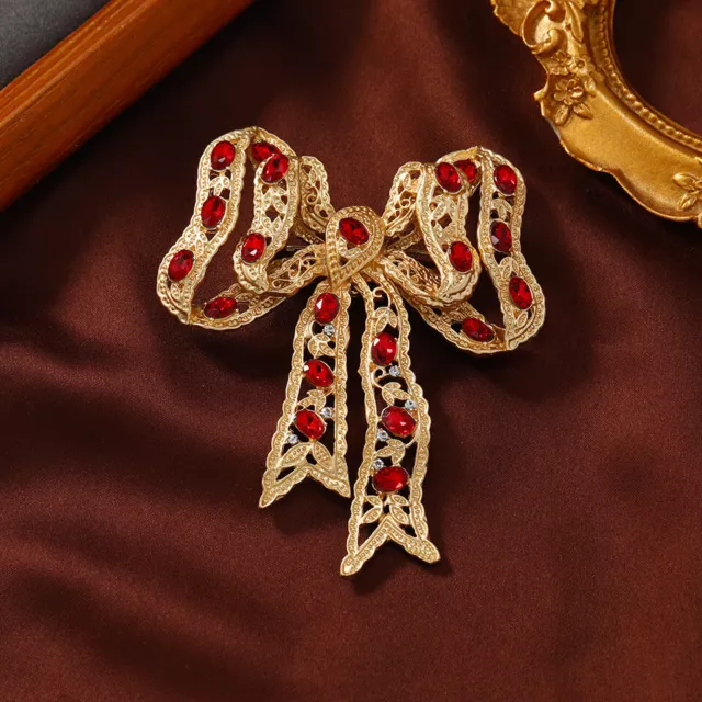 Art Deco Style Vintage Enamel Red Crystal Large Bow Brooch Badge Pin Gift