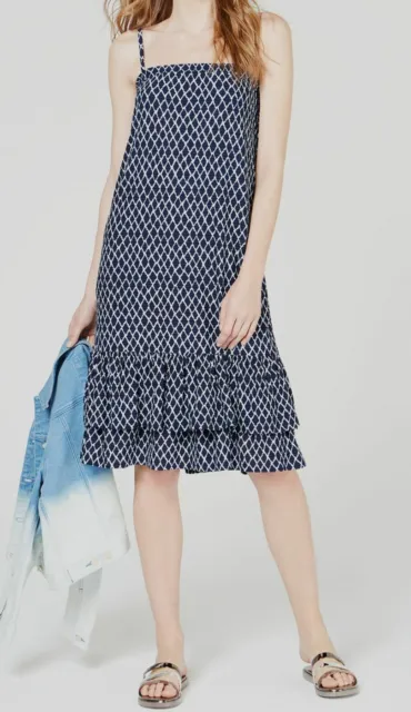 $240 Michael Kors Women's Blue Ikat-Print Ruffle Smocked Sleeveless Dress Size L