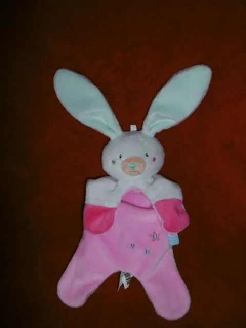 Doudou Plat Sucre d'Orge Lapin Rose Vert Blanc  Brodé Fleur