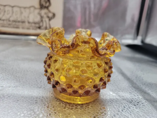 Vintage Fenton Art Glass Amber Hobnail 3”x3" Ruffled Top Vase Bowl (DH)