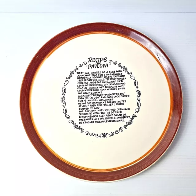Large Vintage Recipe for Pavlova Plate Platter Brown Rim 1970s Retro Decor Japan
