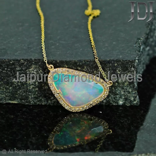 Solid 14k Yellow Gold Necklace Natural Diamond Opal Gemstone Necklace Jewelry