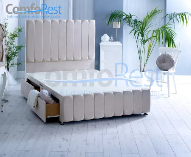Luxury Velvet Stripe Extra Chesterfiled Bed + Large 54" Headboard - Made Uk