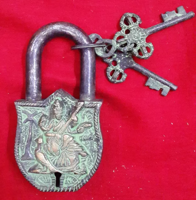 Goddess Saraswati Design Lock Brass Handmade Vintage Look Security Padlock BM133