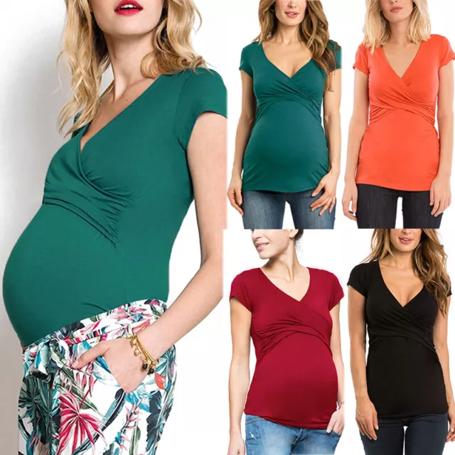 Maternity Pregnant Women T Shirt Tops Breastfeeding Nursing Summer V Neck Blouse