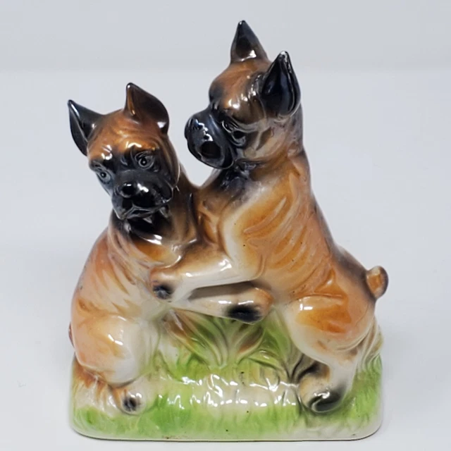 Vintage Boxer Dog Friends Brother Sister Hug Porcelain Figurine