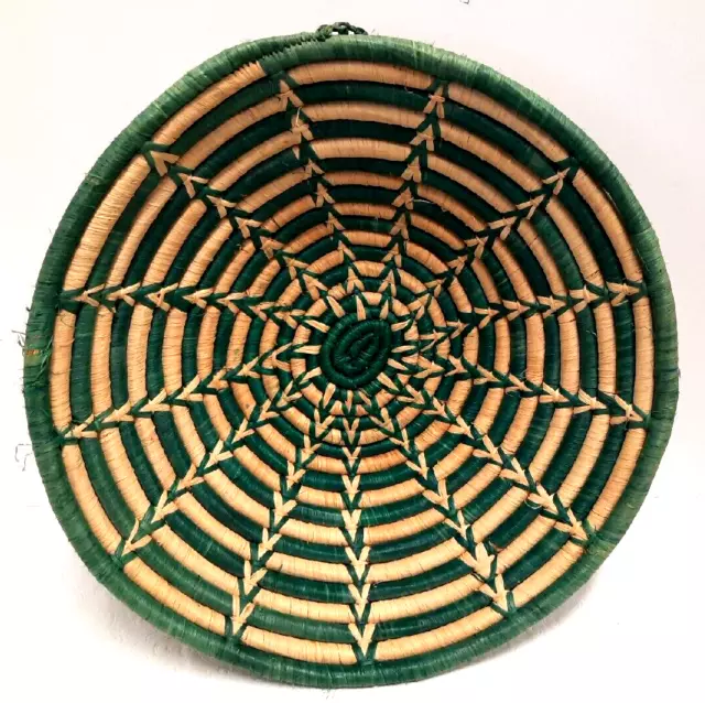 Hand Crafted African Coil Wall Basket Green & Beige 11" x 3 1/2" Vintage